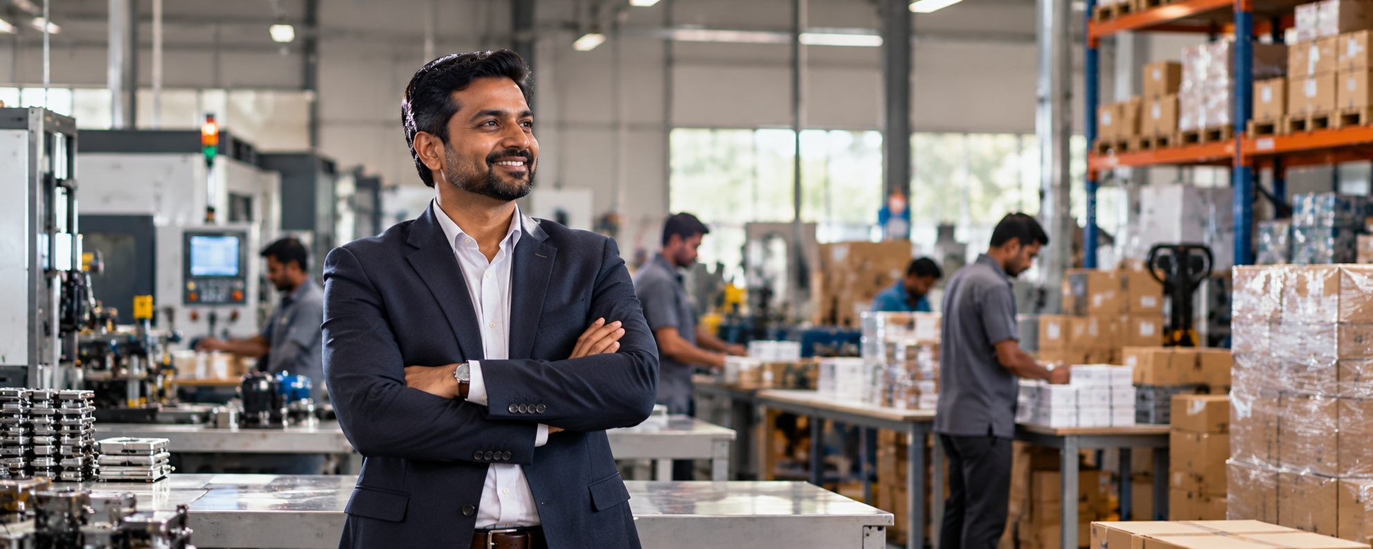 A businessman standing with arms crossed in his manufacturing unit