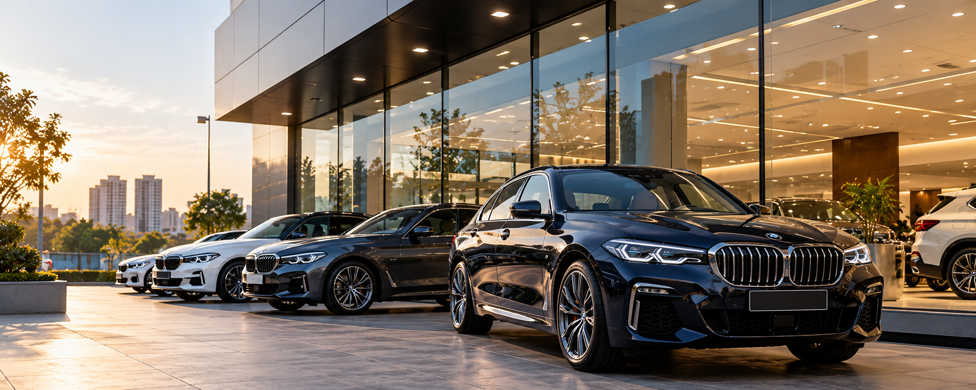 A row of new cars outside a dealership showroom at sunset