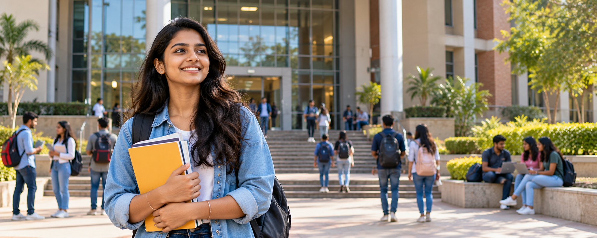 A university student with notebooks outside a campus building