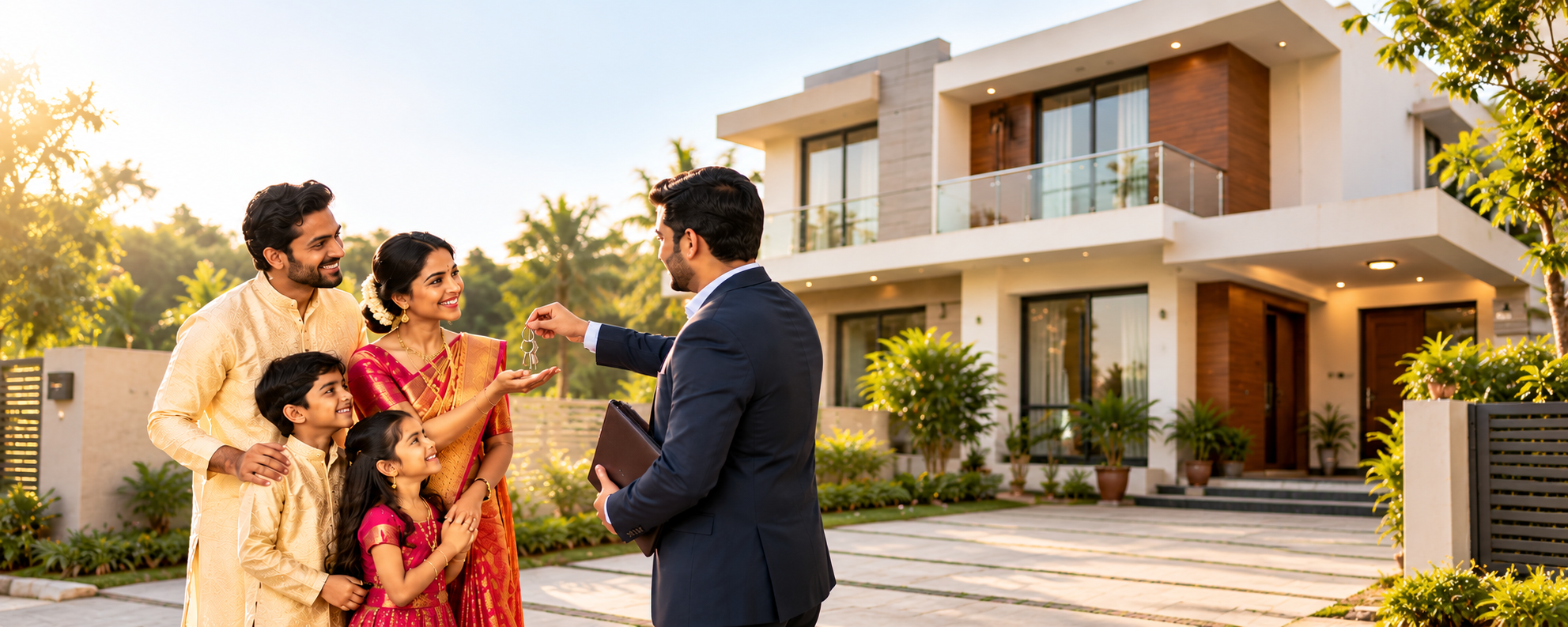 An Indian family receiving the keys to their new home