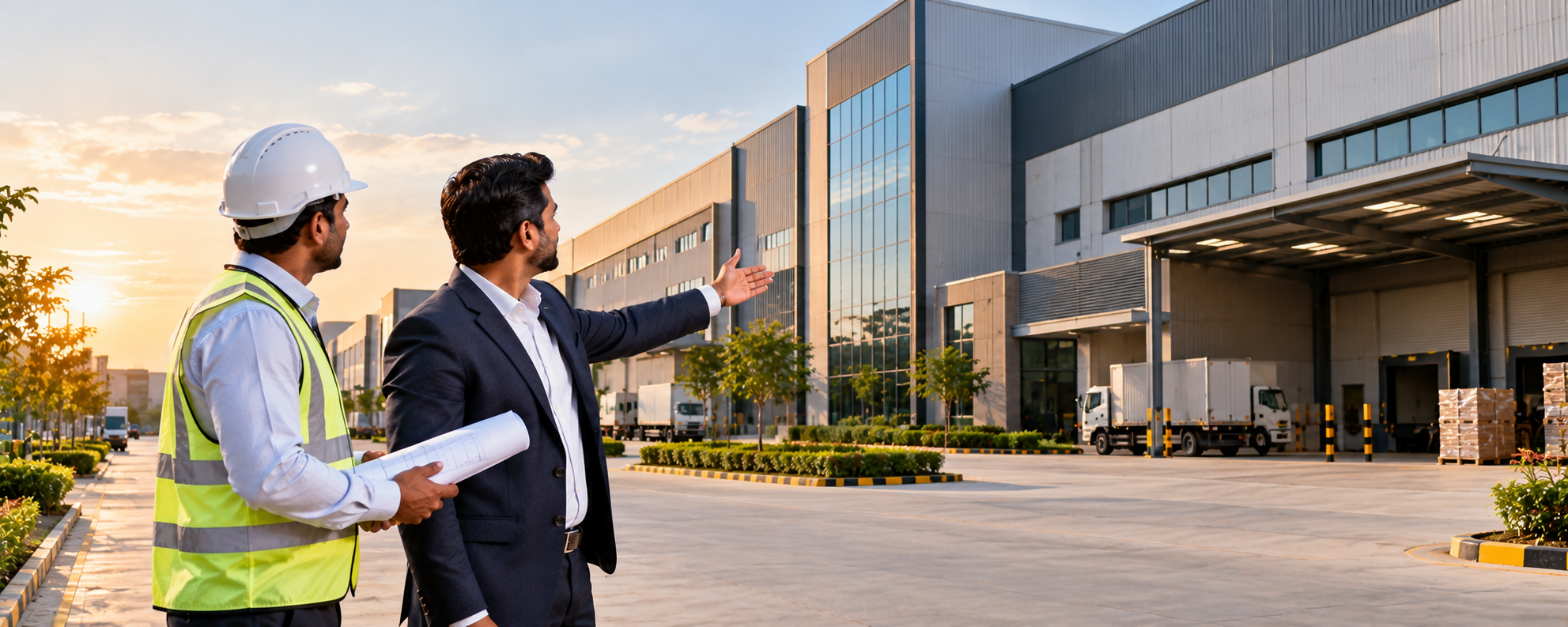 A site engineer and a businessman reviewing blueprints outside a warehouse complex